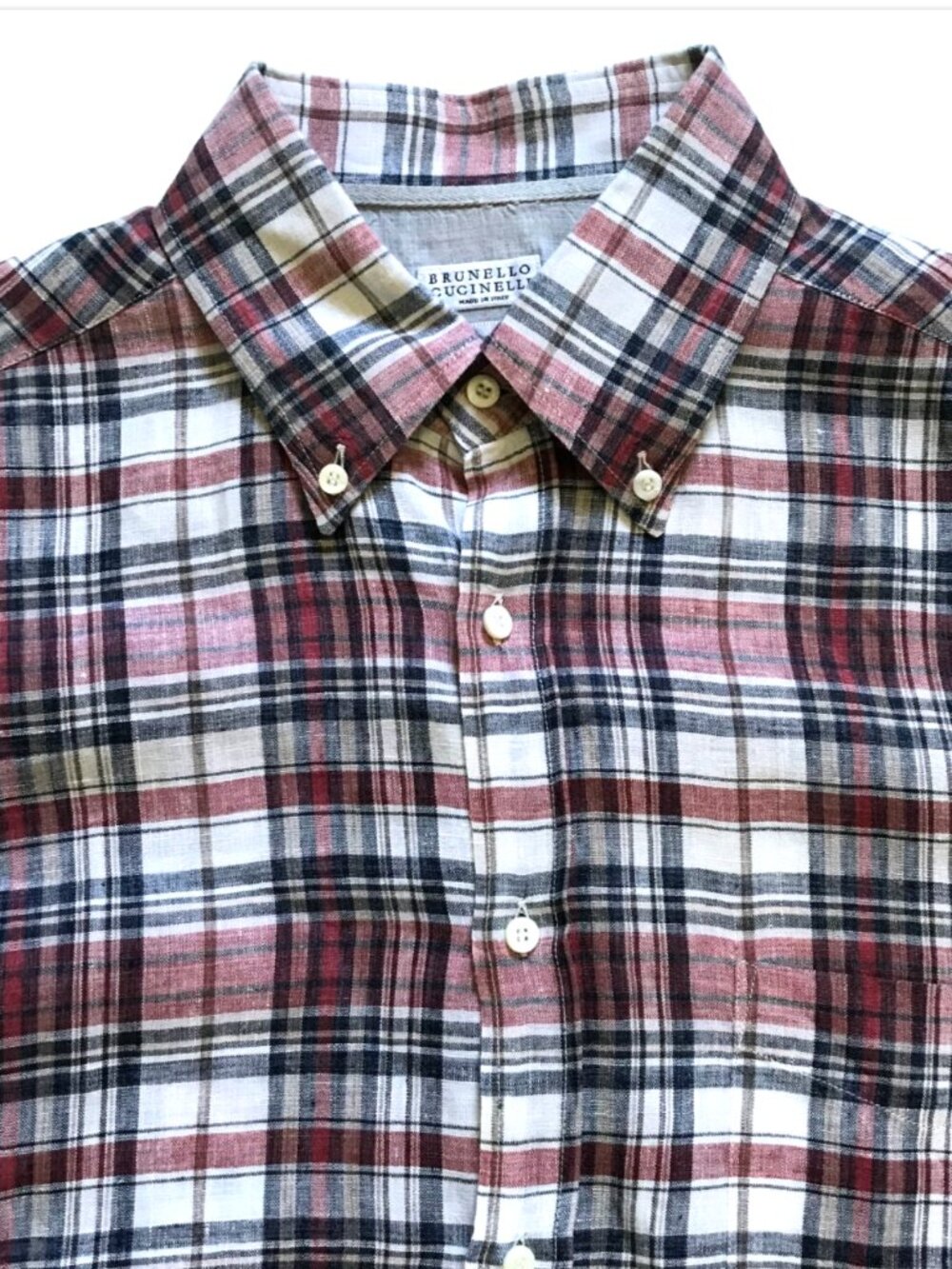 Brunello Cucinelli Linen Button Down Sport Shirt Mens Large Red White Basic Fit